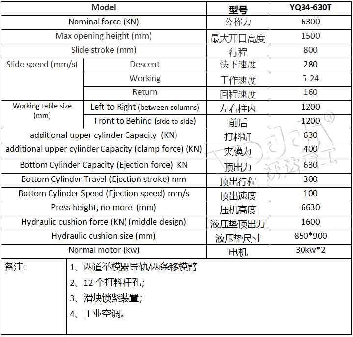 630吨框架液压机参数